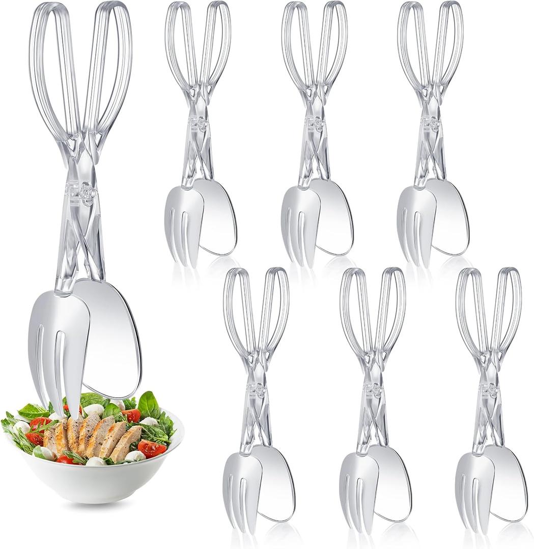Tioncy 6 Pack Plastic Salad Scissor Tongs 11.5 Inches for Serving Reusable Food Tongs, Clear Utensils for Chef Cooking, Kitchen, Buffet, Party, Catering Supplies