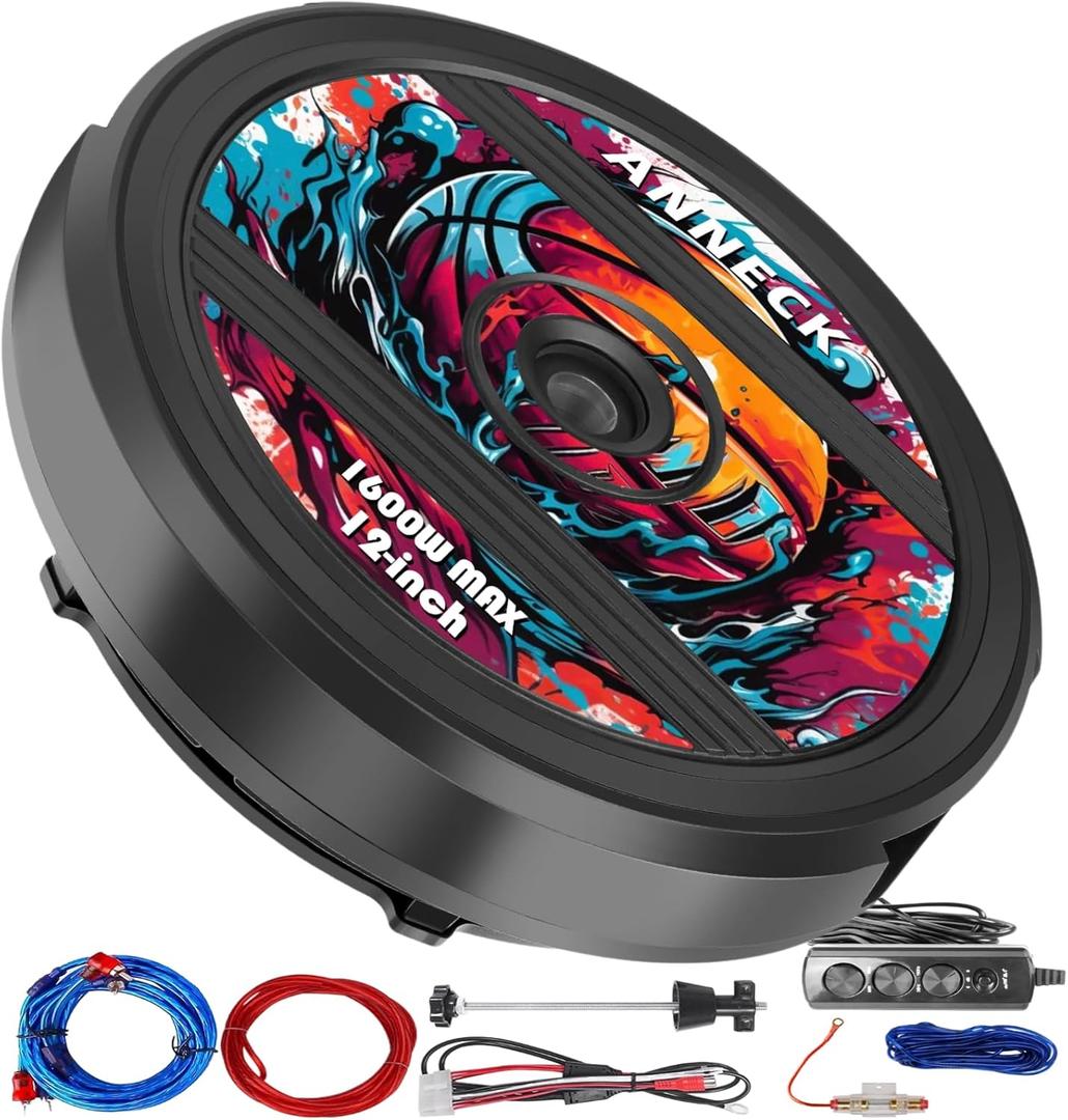 12" Active Spare Tire Subwoofers - 1600W Peak Power, Built-in Amplifier & Remote Control | Plug & Play Hidden Car Audio System for Deep Bass | Universal Fit for Most Vehicles' Spare Tire Wells (Black)