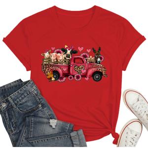 Valentines Shirts for Women Valentine Day Cute Leopard Truck Graphic Women Tee Love Heart Graphic Tops