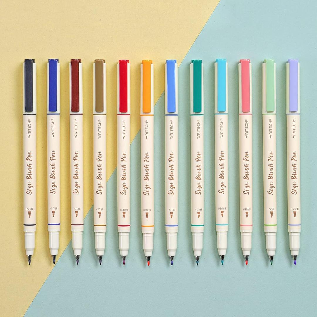 WRITECH Arts Sign Brush Pen Brush Tip Marker Felt Tip Water Based Ink Color Pens 12 Assorted Pastel Colors Great for Lettering, Journaling, Calligraphy (Natural)