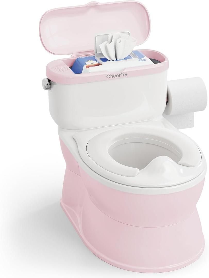 CheerTry 2-in-1 Toddler Potty Training Toilet - with Detachable Training Seat, Realistic Flushing Sound for Boys & Girls Ages 1-3 with Wipes Storage, Toilet Paper Holder