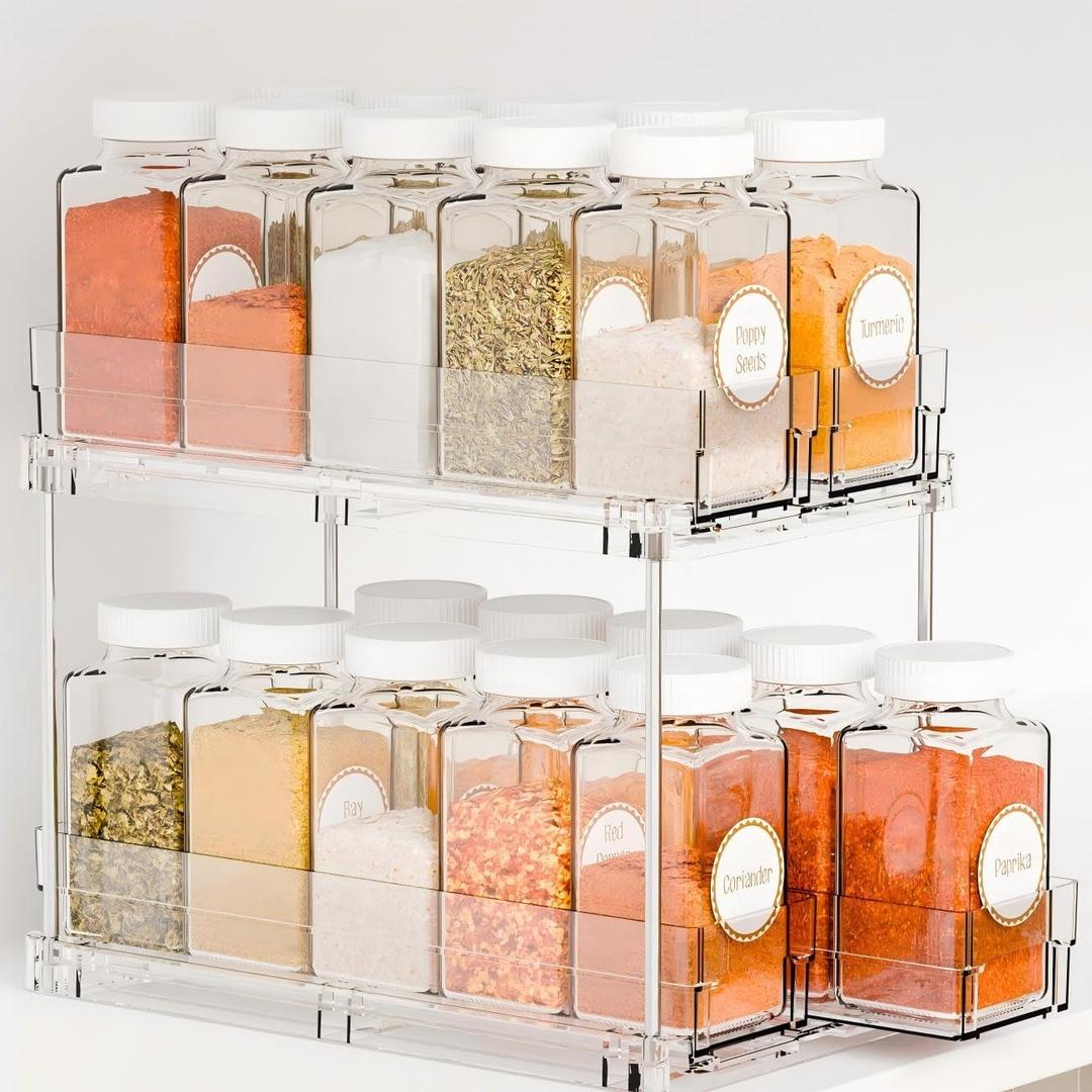 Yieach 2 Tier Sliding Spice Racks for Cabinets,1 Pack 10.4'' Deep Narrow Vertical Spice Rack Pull Out for Inside Cabinets,Kitchen,Pantry,Cupboard Seasoning,Jar Organizer and Medicine Cabinet Storage (Clear-4 Drawer)
