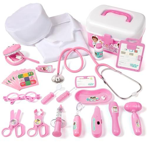Phobby Durable Doctor Kit for Kids, 27 Pcs Deluxe Pretend Play Set Medical Toy with Real Stethoscope for Toddlers Boys Girls Birthday Gift Aged 3 4 5 6 7 8(Pink)