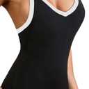 Women's Racerback Workout Tank Top -Color Block - Slim Fit V-Neck Ribbed Sleeveless Camisole for Yoga & Gym (Black, S)