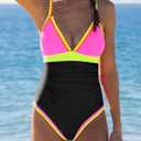 popvil One Piece Swimsuit for Women Tummy Control Bathing Suit V Neck Slimming Neon Color Block Swimwear (Black, L)