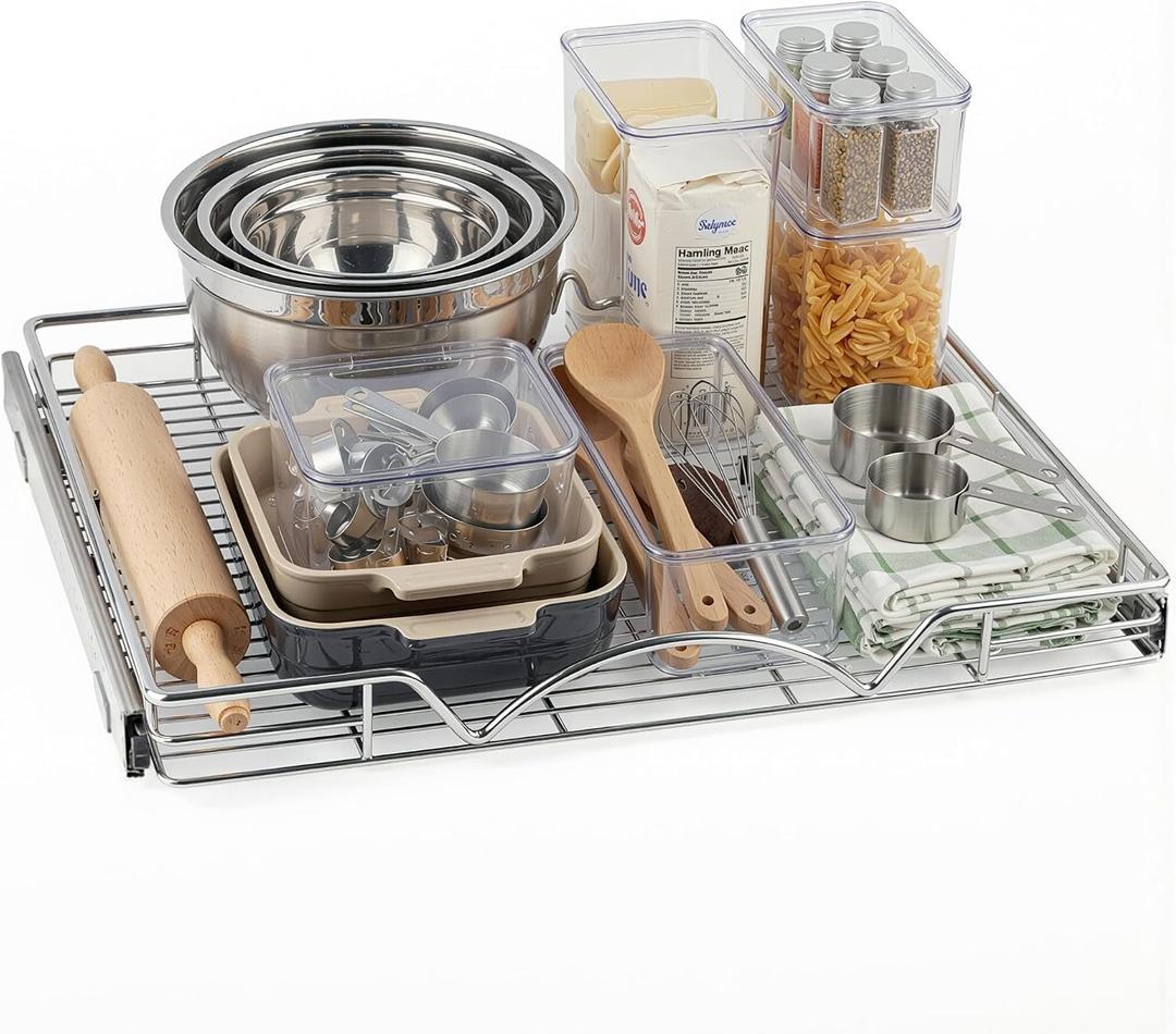 HOLDN STORAGE Pull Out Cabinet Organizer, Heavy Duty Caddy w/Lifetime  26W x 21D - Requires At Least 27-1/4 Cabinet Opening, Steel Metal Cabinet Drawers Slide Out, Chrome