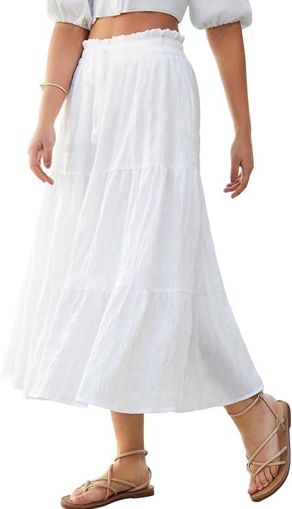 IQLWI Women's Boho Skirt Ruffle Long Maxi Flowy Summer Skirts with Pockets White X-Large