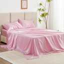 Love's cabin 4Piece California King Satin Bed Linen Set, Pink Silky Satin Sheets, Deep Pocket, Luxury Silk Feel, 1 Flat, 1 Fitted Sheet, 2 Pillow Cases