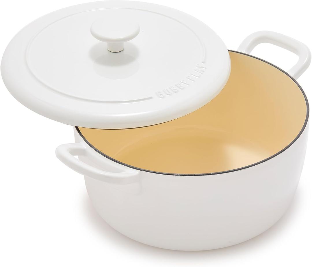 GreenPan x Bobby Flay 5.5QT Enameled Cast Iron Round Dutch Oven with Lid, Dual Handles, Oven Safe to 500F & Induction Suitable, Self Basting Lid, Ultra-Durable, Sear, Braising, Bread, Stews, Ivory (5.5QT Dutch Oven with Lid)