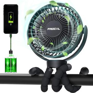 FRIZCOL Portable Stroller Fan, Use As Power Bank, 65H 12000mAh Battery Operated Fan Flexible Tripod Baby Car Seat Fans with Timming, Personal Mini Handheld/Desk/Small Clip On Fans For Stroller (Black)
