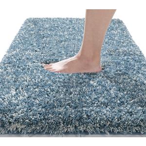 Yimobra Luxury Bathroom Rugs, Fluffy Bath Mats, Non Slip, Water Absorbent Microfiber, Machine Washable, Plush Runner Shower Rugs, Thick Matts for Bathroom Floor&Tub, 60"x 24", Denim Blue and White