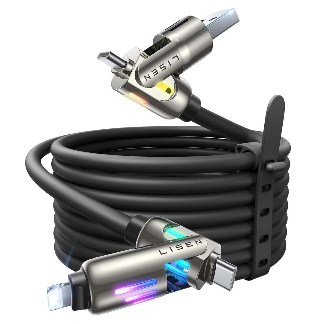LISEN USB C to Lightning Cable, 240W 4 in 1 Charging Cable 10FT, Chubby USB A/C to C/Lightning with Light for iPhone 16e 16 15 14 Pro/MacBook/iPad/Samsung S25/Switch, Multi Chargers for All Devices