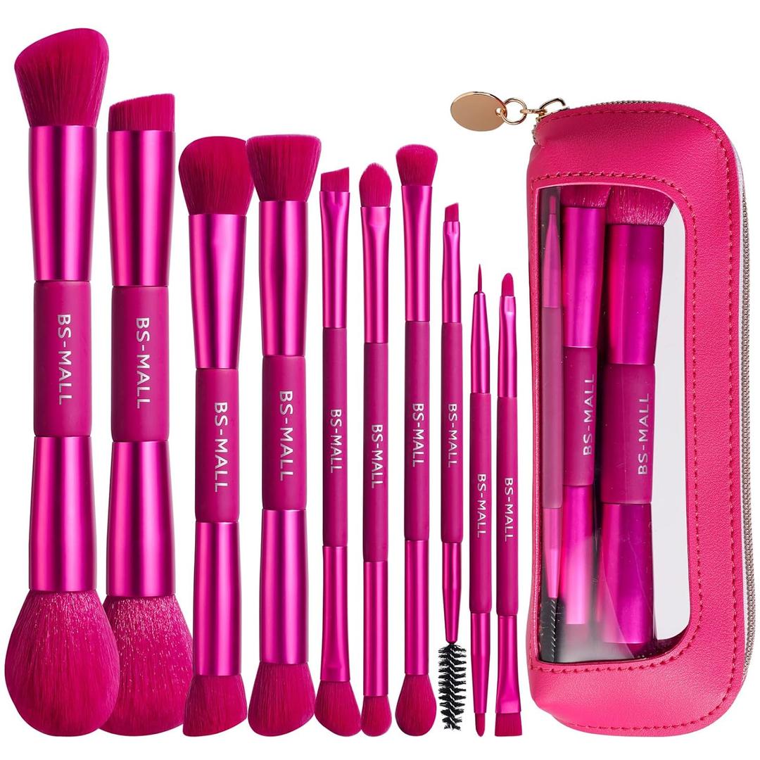 BS-MALL Double-ended Makeup Brush Set With Concealer Brush & Foundation Brush, Eyeshadow Brush- Travel-friendly Multi-purpose Brushes In Makeup Bag For Daily Use (10 PCS Hot Pink)
