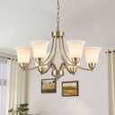 6 Lights Brushed Bronze Dining Room Light Fixture Farmhouse Modern Chandelier Pendant Light Champagne Bronze Adjustable Ceiling Hanging Lighting with Frosted Glass for Kitchen Island Living Room Foyer, 27.5" diameter x 18.1" height