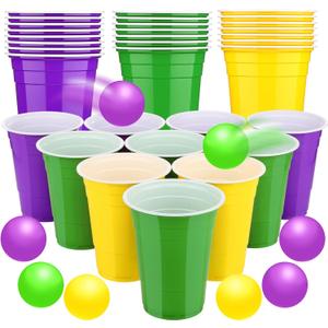 22 Pcs Mardi Gras Party Cup Set 16 oz Purple Green Yellow Beer Plastic Cups with 8 Balls Carnival Party for Indoor Outdoor Event Fun House Parties Favors