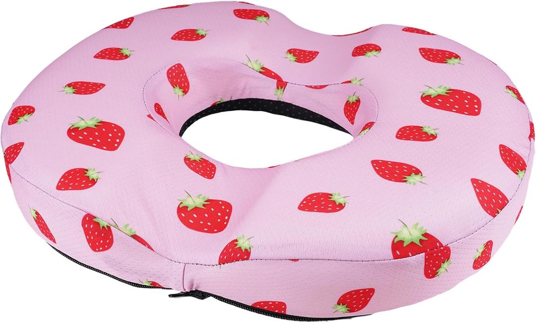 Pink Strawberry Donut Pillow Seat Cushion for Tailbone Pain Relief and Hemorrhoids, Home Office Chair Cushion for Long Sitting Work, Memory Foam Car Seat Cushions for Driving Butt Pain & Postpartum
