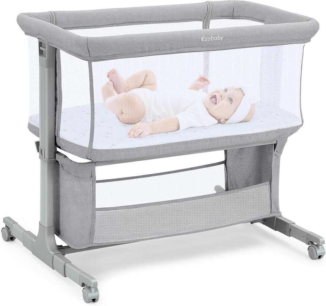 Ezebaby Bedside Bassinet for Baby, Portable Baby Bassinet Bedside Sleeper for Newborn Infants with Wheels Storage Basket, Adjustable 7 Heights and All Mesh Sides