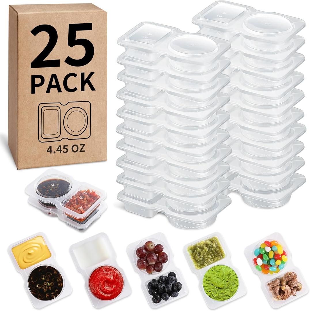 25 Sets Condiment Container with Lid, Double Compartment Snackle Box Container with Lids - Leak-Proof BPA-Free Food Storage, Meal Prep & Travel Snacks,School LunchesMeal Prep, Takeout