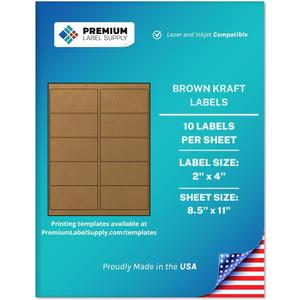 Premium Label Supply Brown Kraft Sticker Labels  2" x 4"  Laser/Inkjet Compatible  (10 per Sheet), 25 Sheets  250 Total Adhesive Labels