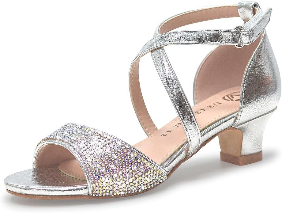 Vonair Girls Sandals Open Toe Heels Dress Shoes for Girls Wedding Party Shoes Silver Big Kid US 2