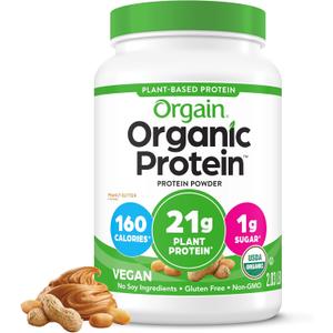 Orgain Organic Vegan Protein Powder, Peanut Butter - 21g Plant Protein, 7g Prebiotic Fiber, Low Net Carb, No Dairy Ingredients, No Added Sugar, For Shakes & Smoothies, 2.03 lb (Packaging May Vary)