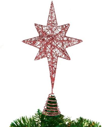 14.5 Inch Christmas Star Tree Topper Glitter Red Star Tree Topper 8 Point Star Treetop Ornament Metal Hollow Designed for Home Holiday Xmas Tree Decorations