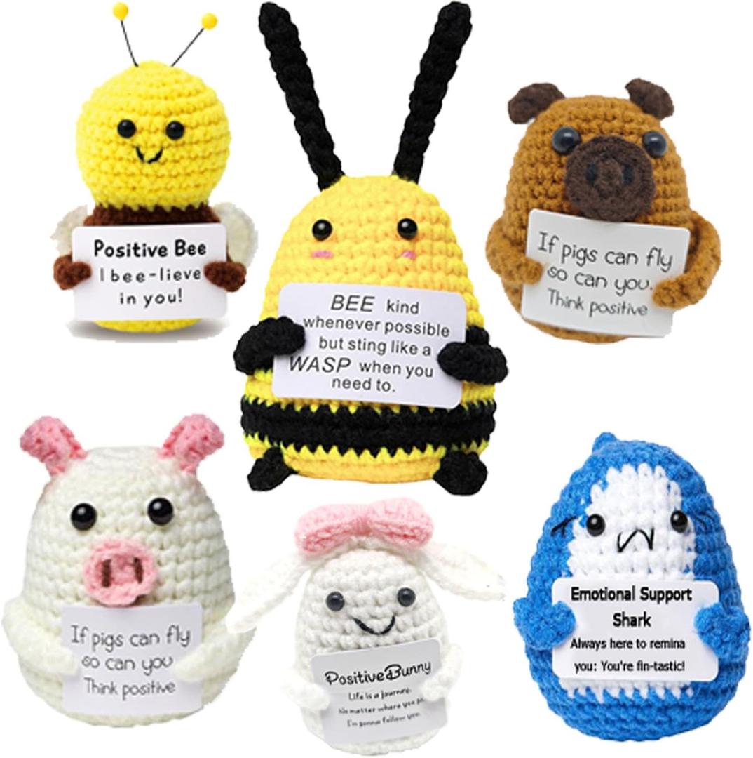 Mini Cute Crochet Gift, 6PCS Funny Bee Knitted Doll with Positive Card, Home Decor, Birthday, Christmas, Kids and Party Gifts