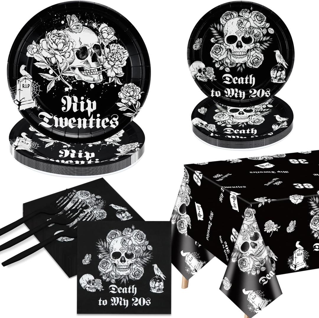 Death To My 20s Decorations - 81Pcs Black 30th Birthday & Halloween Party Pack Including Rip to my 20s Plates, Napkins, Skull Tablecloth