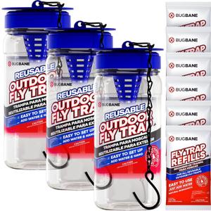 3 Fly Traps Outdoor Fly Trap for Patio with 6 Non-Toxic Dissolvable Bait Refills. Reusable Hanging Bug Catcher Killer for All Filth Flies for Outside Bug Control Yard Ranch. Hanging Chains Included.