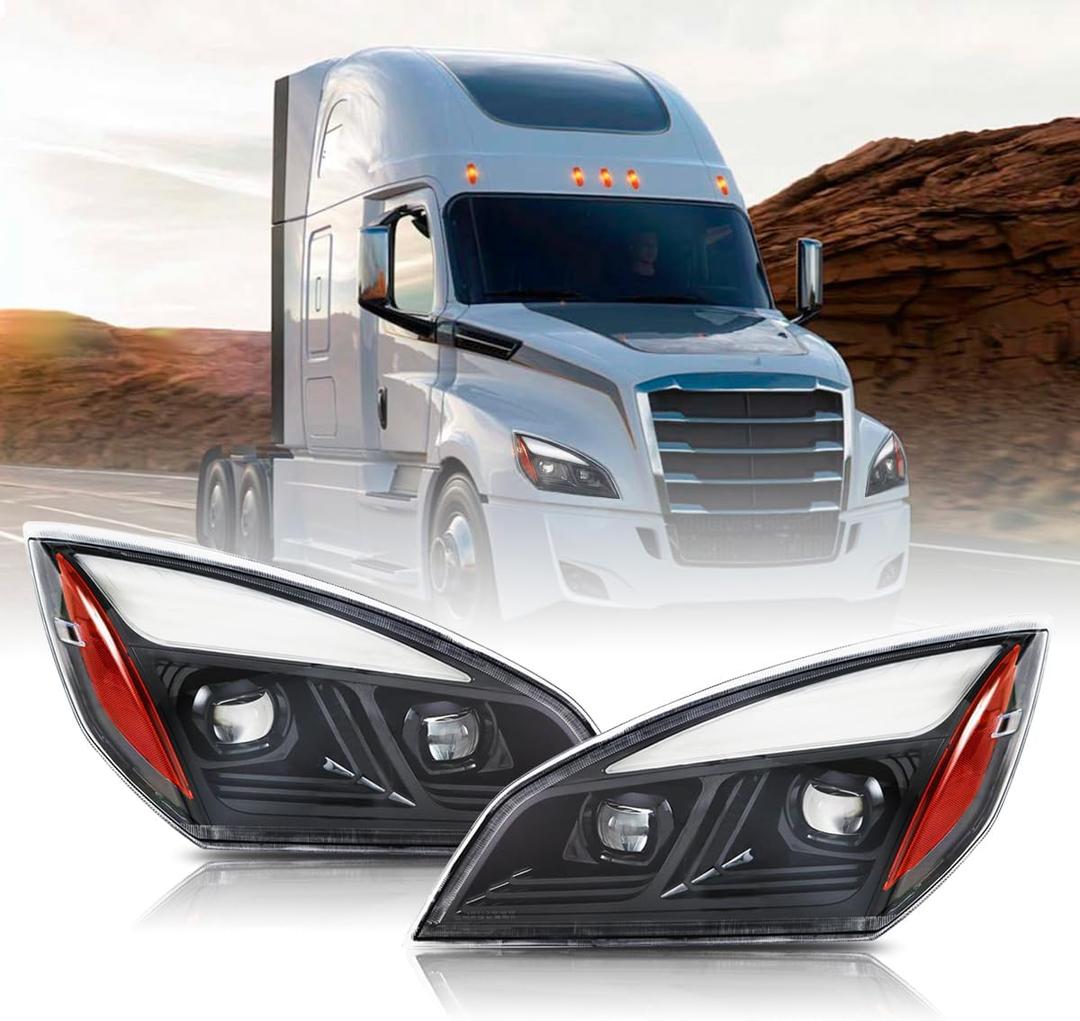 Headlights Compatible with Cascadia 2018-2023, Projector Headlamps, Pair Set, Black Housing
