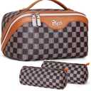 BOYATU Travel Makeup Bag Organizer Cosmetic Bag: 3 Pcs Set Make up Bags for Women with Handle - Waterproof Vegan Leather Toiletry Bags Travel Essentials Pouch with Compartments (H-01-Brown)