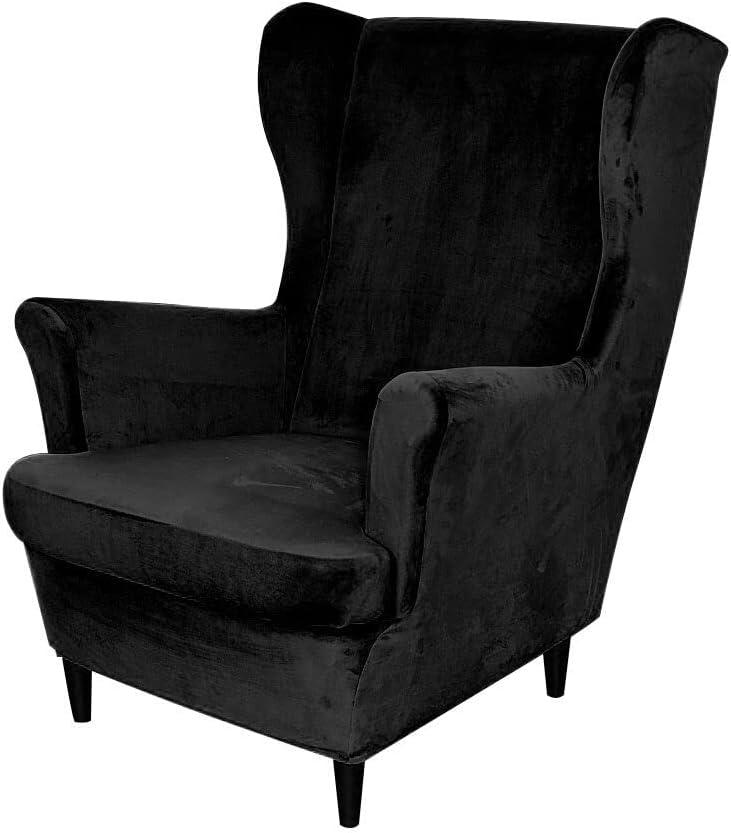 OBCREAT Wingback Chair Covers,2 Piece Stretch Velvet Wingback Chair Slipcover Soft Wing Chair Sofa Covers with Elastic Bottom,Armchair Couch Cover Furniture Protector for Living Room (Black)