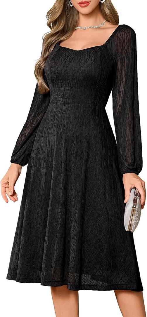 Bbonlinedress Women Formal Wedding Guest Dress Square Neck Lace Bridesmaid Long Sleeve A-Line Midi Cocktail Dress (S)