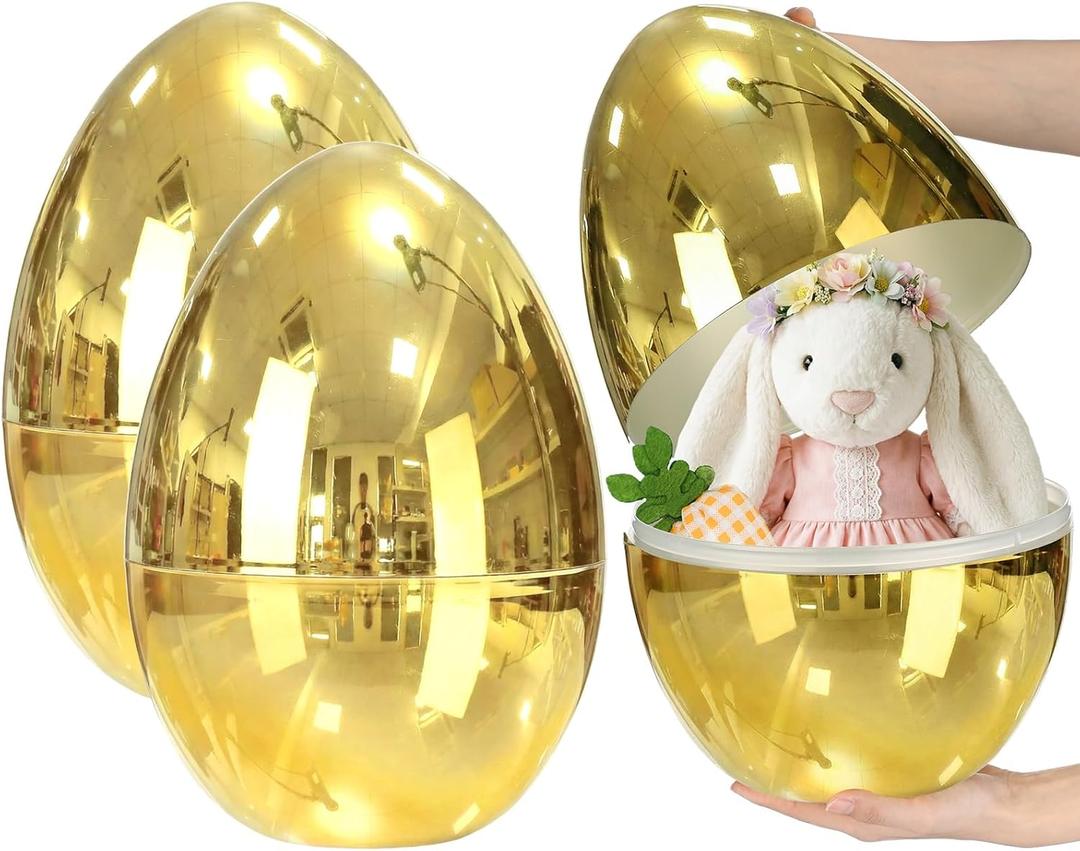 2 Pcs 14 Inch Jumbo Golden Metallic Easter Eggs Fillable Extra Large Empty Plastic Eggs for Basket Party Supplies Surprise Egg Easter Hunt Decor