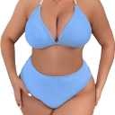 MakeMeChic Women's Plus Size 2 Piece Bathing Suit Halter Triangle Bikini Set High Waist Swimsuit (X-Large Plus, Dusty Blue)