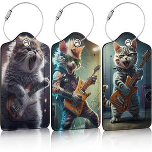 3 Pack Funny Guitar Cat Luggage Tags for Suitcase Animal PU Leather Travel Luggage Tag Privacy Cover ID Label for Women Men Baggage Backpack Handbag School Bag