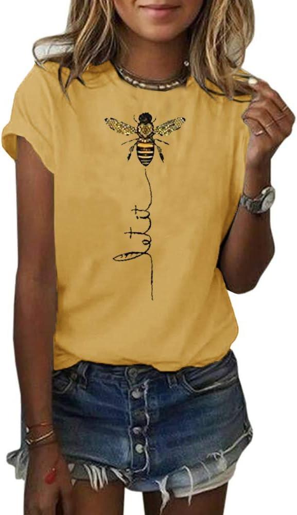 Pfvkeree Womens Cute Bee Graphic Tee Shirts Short Sleeve Let It Bee Funny Letter Print Summer T-Shirt Tops, XXL
