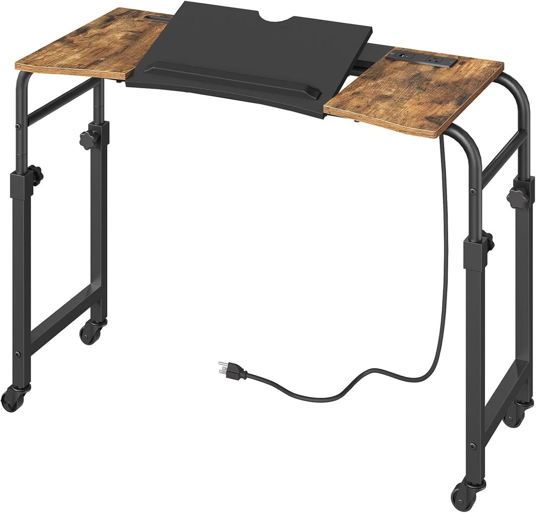 YATINEY Overbed Table with Wheels and Height Adjustable, Recliner Table with Charging Station, Over the Bed Desk for Bed, Sofa, Office, Rustic Brown and Black SF05UBR
