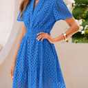 PRETTYGARDEN Womens 2025 Summer Short Dress V Neck Short Sleeve A Line Hollow Out Lace Ruffle Cute Casual Beach Party Dresses (Blue, L)