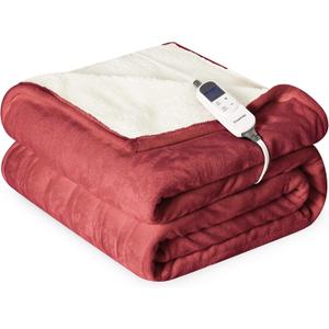 Heat Blanket 50x60 Throw,Soft Flannel & Sherpa Reversible Electric Blanket with 10 Heat Settings,12 Timer Setting and 3 Hours Auto-Shut Off,ETL Certified Machine Washable,Red