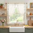 jinchan Belrose Linen Floral Cafe Curtains 45 Inch Length Embroidered Farmhouse Curtains for Kitchen Bedroom Bathroom Small Windows Curtain Set Light Filtering 2 Panels Sage Green