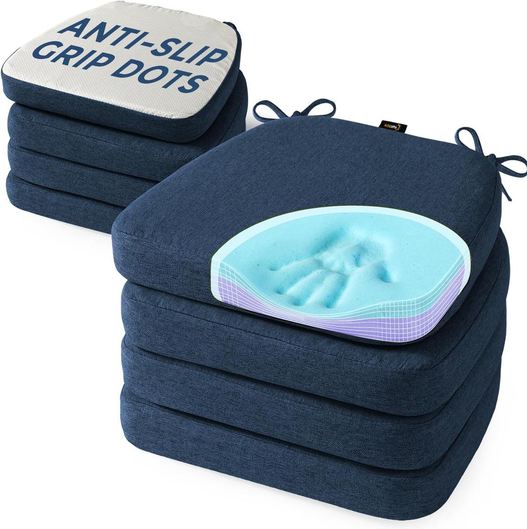 SUNROX Cooling Gel Memory Foam Chair Cushions, 2.6" Thick U-Shaped Dual-Layer Comfort Dining Chair Pads, Non Slip Seat Cushion with Ties for Indoor Kitchen Office 17"x16" Set of 8, Navy, 16x17 Inch