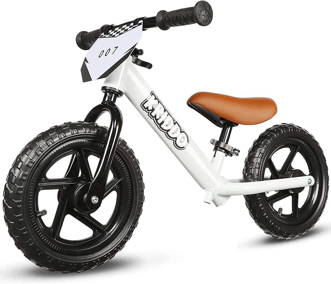 KRIDDO Toddler Balance Bike 2 Year Old, Age 24 Months to 5 Years Old, 12 Inch Push Bicycle with Customize Plate (3 Sets of Stickers Included), Gift Bike for 2-3 Boys Girls, White