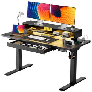 GTPLAYER Electric Standing Desk with Drawers, 48 x 24 Inch Height Adjustable Gaming Desk with Monitor Stand, Power Outlets & LED Lights, Home Office Sit Stand Up Desk with Memory Preset (Ebony Black)