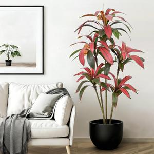 Artificial Dracaena Tree 5FT - Large Faux Plant Indoor Tree with 78 Red Leaves & 5 Heads, 60" Tall Fake Tropical Plant Potted Artificial Floor Plant Trees for Home Living Room Porch Office Decor