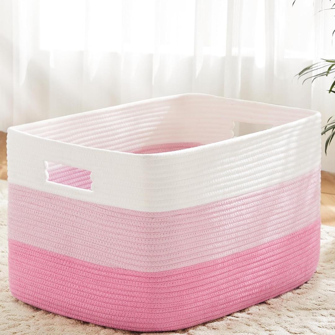 Blanket Basket,Rectangle Woven Baskets for Storage,65L Laundry Basket for Decorative Nursery Blanket,Toys,Dirty Clothes and Magazine in Shelves,Baby Room,and Living Room (Pink)