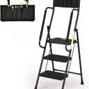 HBTower Step Ladder with Handrails, Folding Step Stool with Attachable Tool Bag & Anti-Slip Wide Pedal for Home Kitchen Pantry Office, Black