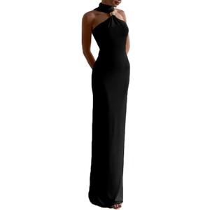 Women Elegant Summer Bodycon Maxi Dress Halter Neck Sleeveless Formal Long Dress (Medium, Black)