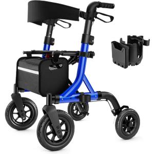 Walkers for Seniors, Rollator Walker with Seat, 10" Rubber Wheels All Terrain Rollator Walker with Backrest, Aluminum Walkers Built-in Cable, Foldable and Adjustable Height for Seniors, Blue