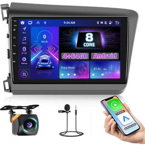 8 Core 4+64GB for Honda Civic 2012-2015 Android 15 Car Stereo Wireless Carplay Android Auto, 9'' Touchscreen Car Radio with GPS, WiFi, 32EQ DSP, 59 UI, Bluetooth, FM RDS, Backup Camera